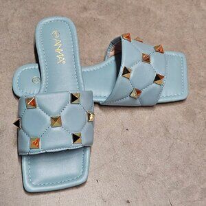Quilted Sky Blue Slide Sandals With Gold Studs Square Toe Casual Flat Design For
